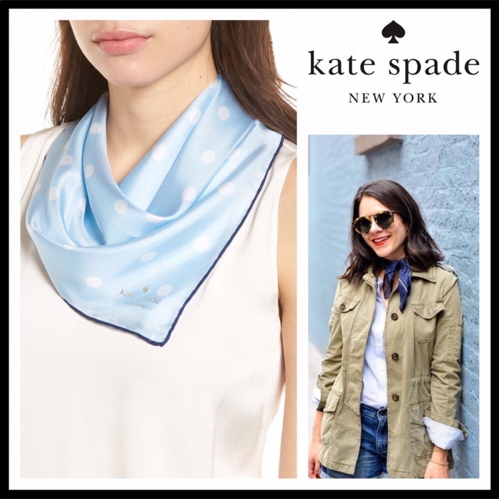 KATE SPADE BLUE SILK POLKA DOT BANDANA SCARF A3C - Picture 8 of 8